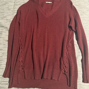 American Eagle Outfitters Red V-Neck Sweater with Cable-Knit Details